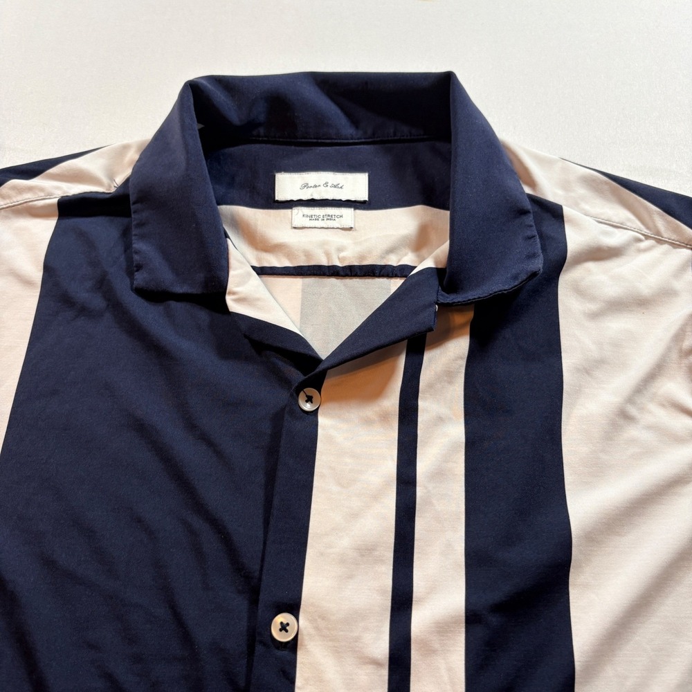 Porter &‎ Ash Kinetic Stretch Shirt Mens Large Navy White Striped Short Sleeve